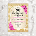 90th Birthday - Gold Stripes Pink Roses Invitation<br><div class="desc">90th Birthday Invitation. Elegant design in gold and pink. Features faux glitter gold stripes,  pink roses stylish script font and confetti. Perfect for a glam birthday party.</div>