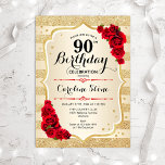 90th Birthday - Gold Stripes Roses Invitation<br><div class="desc">90th Birthday Invitation. Elegant design in gold and red. Features faux glitter gold stripes,  red roses stylish script font and confetti. Perfect for a glam birthday party.</div>