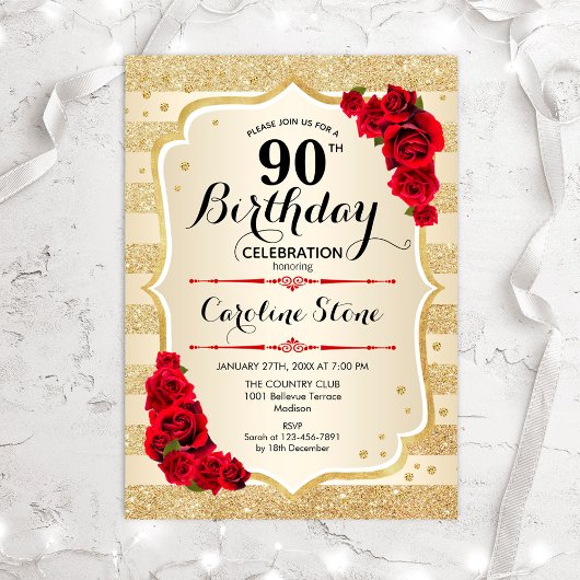 90th Birthday - Gold Stripes Roses Invitation