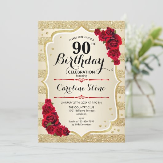 90th Birthday - Gold Stripes Roses Invitation (Debout devant)