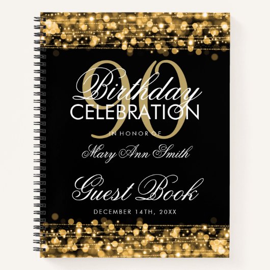 90th Birthday Guestbook Party Sparkles Gold Notitieboek (Voorkant)