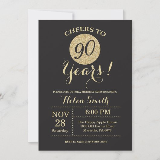 90th Birthday Invitation Black and Gold Glitter Kaart (Voorkant)