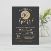 90th Birthday Invitation Black and Gold Glitter Kaart (Staand voorkant)