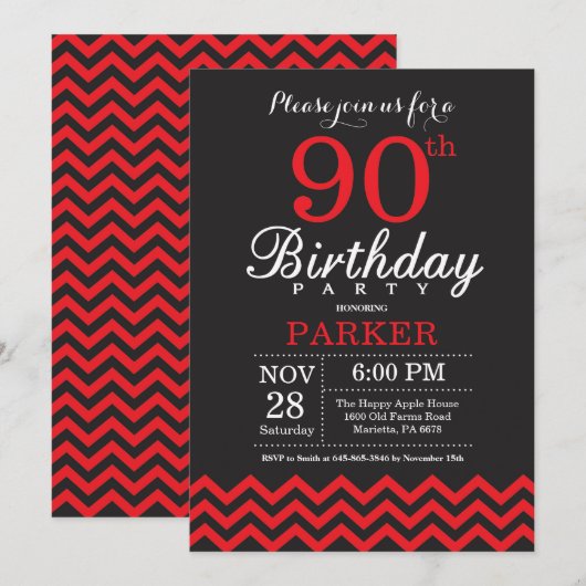 90th Birthday Invitation Black and Red Kaart (Voorkant / Achterkant)