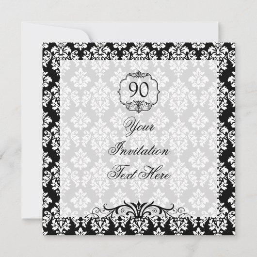 90th Birthday Invitation Black and White Damask Kaart (Voorkant)