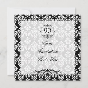 90th Birthday Invitation Black and White Damask Kaart