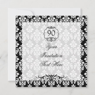 90th Birthday Invitation Black and White Damask Kaart