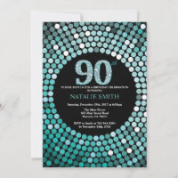 90th Birthday Invitation Black en Blauwgroen Glitt