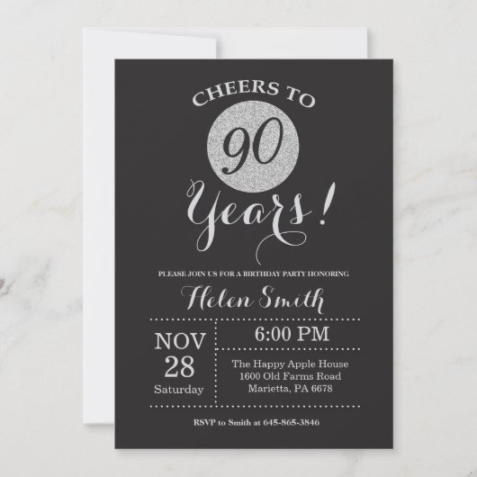 90th Birthday Invitation Black en Silver Glitter Kaart (Voorkant)