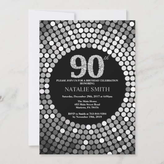 90th Birthday Invitation Black en Silver Glitter Kaart (Voorkant)