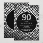 90th Birthday Invitation Black en Silver Glitter Kaart (Voorkant / Achterkant)