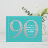 90th Birthday Invitation Blauwgroen en Silver Glit Kaart (Staand voorkant)