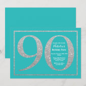90th Birthday Invitation Blauwgroen en Silver Glit Kaart (Voorkant / Achterkant)