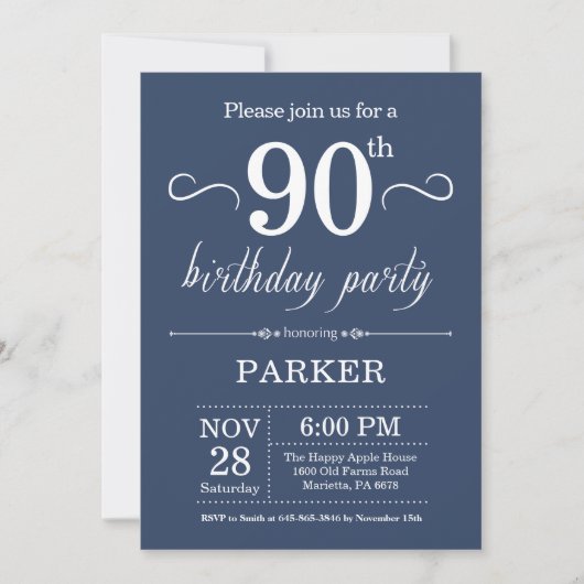90th Birthday Invitation Blue Kaart (Voorkant)