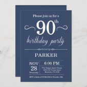 90th Birthday Invitation Blue Kaart (Voorkant / Achterkant)