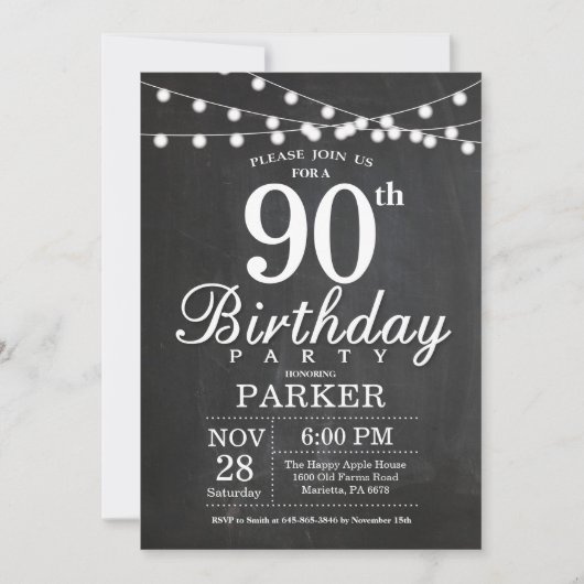 90th Birthday Invitation Chalkboard String Lights Kaart (Voorkant)