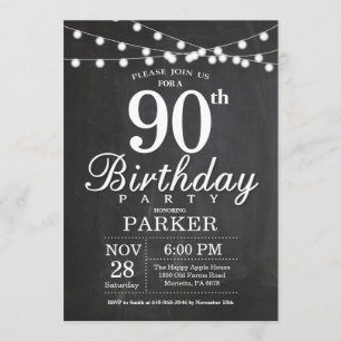 90th Birthday Invitation Chalkboard String Lights Kaart