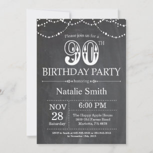 90th Birthday Invitation Chalkboard String Lights Kaart