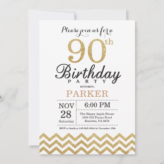 90th Birthday Invitation Gold Glitter Kaart (Voorkant)