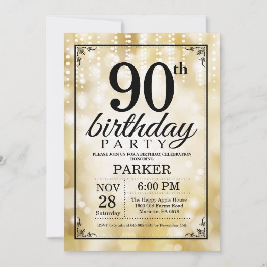 90th Birthday Invitation Gold Glitter Kaart (Voorkant)