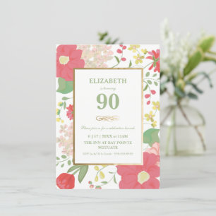 90th Birthday Invitation - Gold, legant Floral Kaart