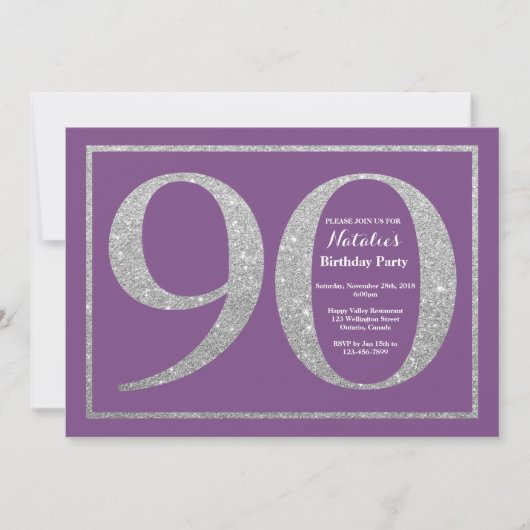 90th Birthday Invitation Paars and Silver Glitter Kaart (Voorkant)