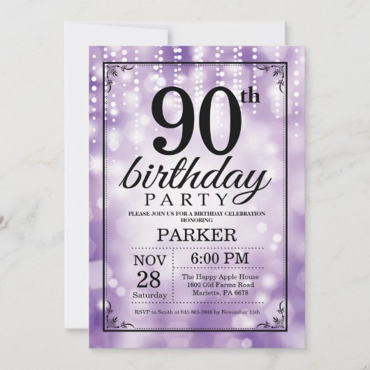 90th Birthday Invitation Paars Glitter Kaart (Voorkant)