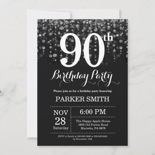 90th Birthday Invitation Silver Glitter Kaart (Voorkant)
