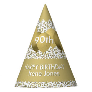 90th Birthday Number Pattern Gold/White Scallops Feesthoedjes