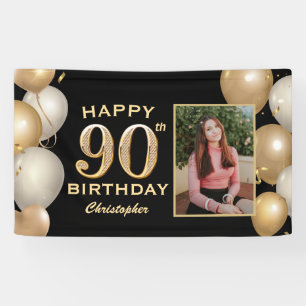 90th Birthday Party Black and Gold Balloons Foto Spandoek