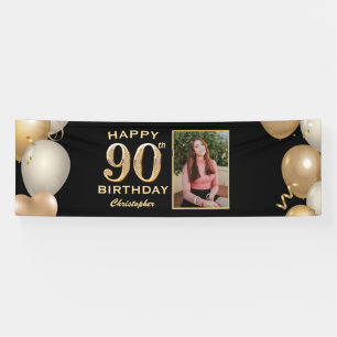 90th Birthday Party Black and Gold Balloons Foto Spandoek