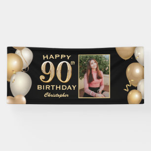 90th Birthday Party Black and Gold Balloons Foto Spandoek