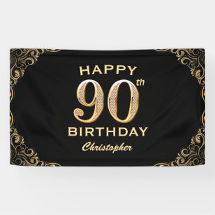 90th Birthday Party Black and Gold Glitter Lijst Spandoek