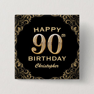 90th Birthday Party Black and Gold Glitter Lijst Vierkante Button 5,1 Cm