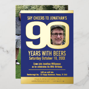 90th Birthday party blue gold folie foto bier Uitnodiging