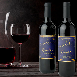 90th Birthday party dark navy blue gold cheers Wijn Etiket