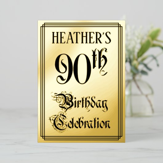90th Birthday Party — Elegant Script + aangepaste Folie Uitnodiging (Staand Voorkant)