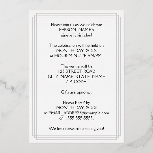 90th Birthday Party — Elegant Script + aangepaste Folie Uitnodiging (Achterkant)