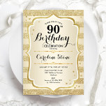 90th Birthday Party - Gold Invitation<br><div class="desc">90th Birthday Party Invitation. Elegant design in gold. Features faux glitter gold stripes,  stylish script font and confetti. Perfect for a glam birthday celebration.</div>