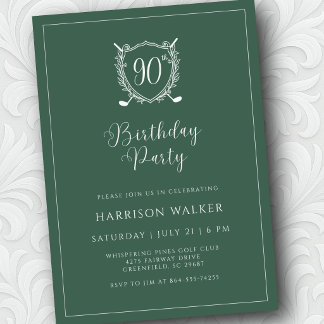 90th Birthday Party Golf Crest Elegant Script Sage Kaart