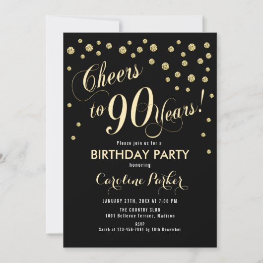 90th Birthday Party Invitation - Gold Black Kaart (Voorkant)