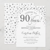 90th Birthday Party Invitation - Silver White Kaart (Voorkant / Achterkant)