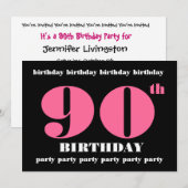 90th Birthday Party Invitation Sjabloon Pink Black Kaart (Voorkant / Achterkant)