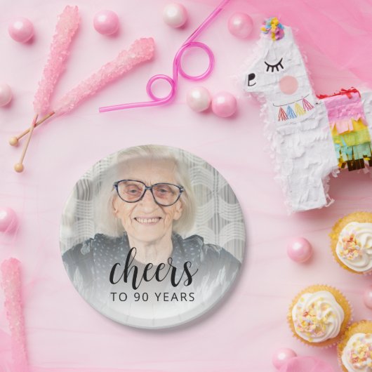 90th Birthday Party Photo Black Script Cheers Papieren Bordje (Feest)