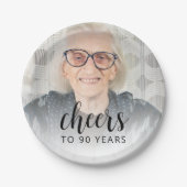 90th Birthday Party Photo Black Script Cheers Papieren Bordje (Voorkant)