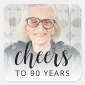 90th Birthday Party Photo Black Script Cheers Vierkante Sticker (Voorkant)