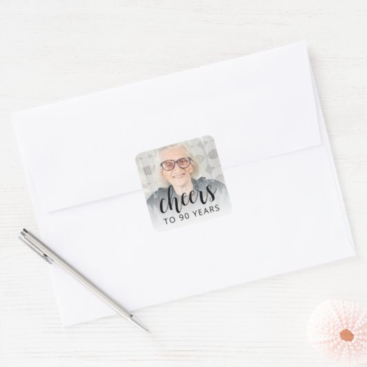 90th Birthday Party Photo Black Script Cheers Vierkante Sticker (Envelop)