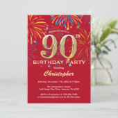 90th Birthday Red en Gold Rainbow Fireworks Kaart (Staand voorkant)