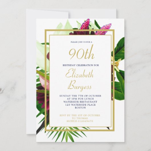 90th Blue Gold Floral Elegant Modern Birthday Kaart (Voorkant)