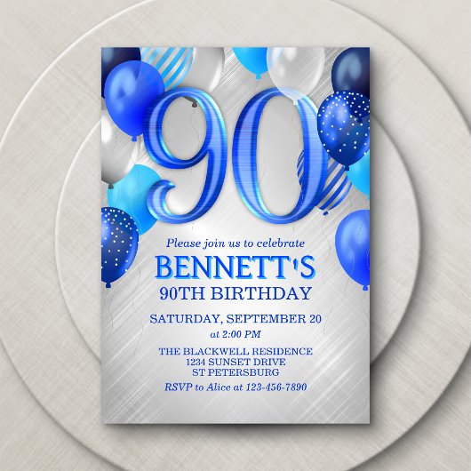 90th Mens Blue Anniversaire Invitation